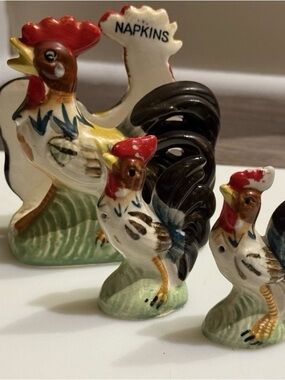 Vintage 1950s MCM Rooster Napkin Holder & Salt & Pepper Shakers